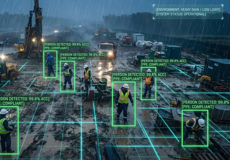 High accuracy TensorVok AI video analytics services detecting PPE on a construction site in low light and rain
