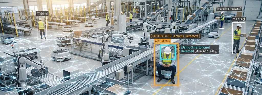 TensorVok distracted activity detection system identifying unauthorized mobile phone use on factory floor