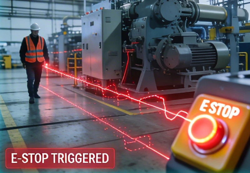 Industrial emergency stop circuit linked to AIoT integration solutions for machinery safety