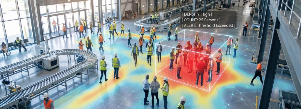 TensorVok AI crowding detection dashboard showing real-time occupancy heatmaps in a logistics hub