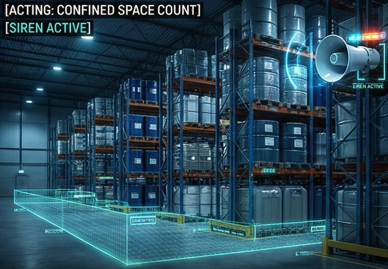 TensorVok non-smoker AI monitoring triggering fire suppression in restricted chemical zones