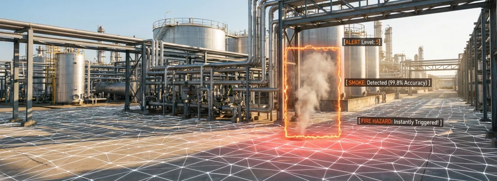 TensorVok Fire & Smoke Detection system identifying early-stage smoke in a large industrial warehouse