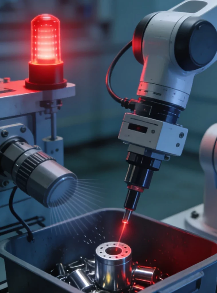 Automated Industrial Defect Detection robotic arm inspecting precision metal components