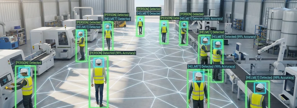 TensorVok PPE detection system identifying safety helmets and high-visibility vests on a construction site