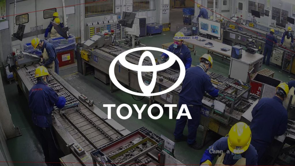 Toyota factory workers monitored by TensorVok AI for helmet and safety goggle compliance