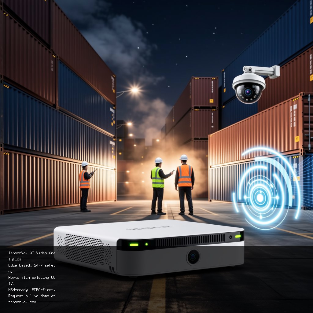 TensorVok AI Video Analytics — running a fall detection algorithm at night and in dust at a logistics yard in Bangkok